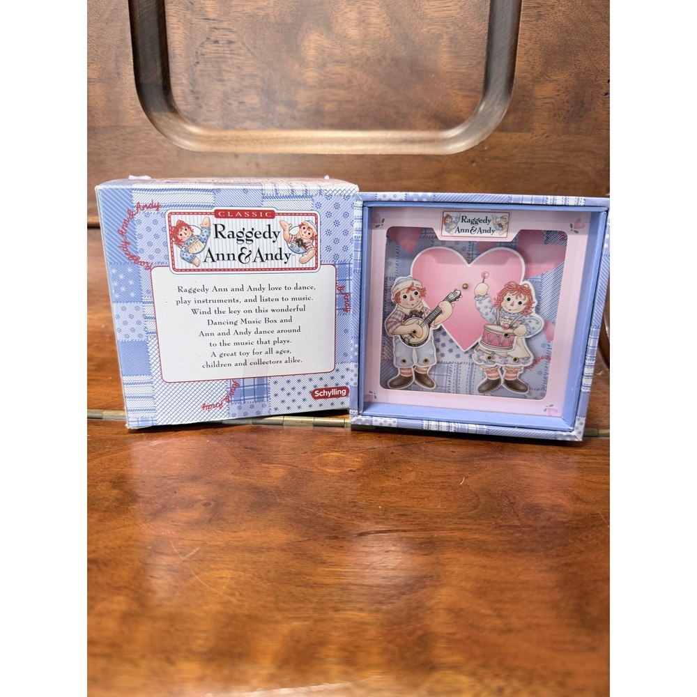 Schylling Raggedy Ann and Andy Dancing Music Box Wind Up Toy Blue Patchwork NEW